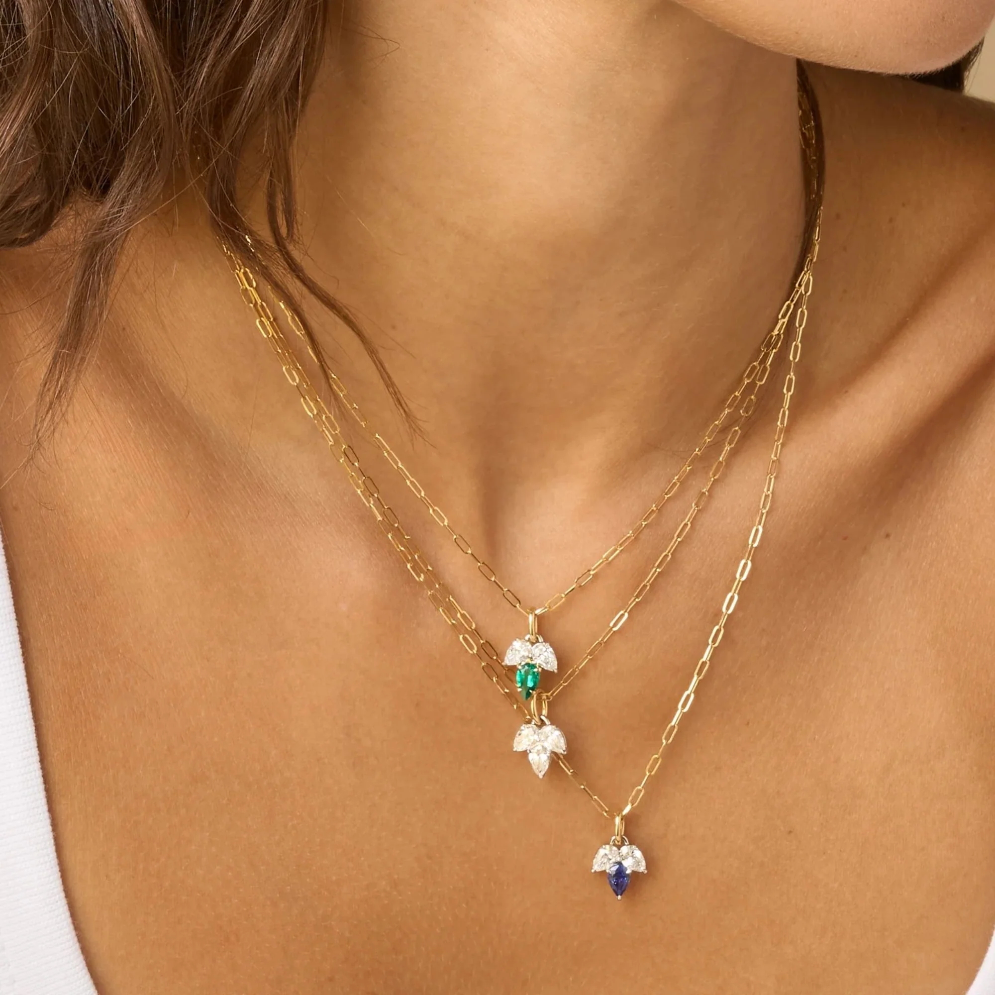 Triple Leaf Diamond & Emerald Pear Necklace - Image 2