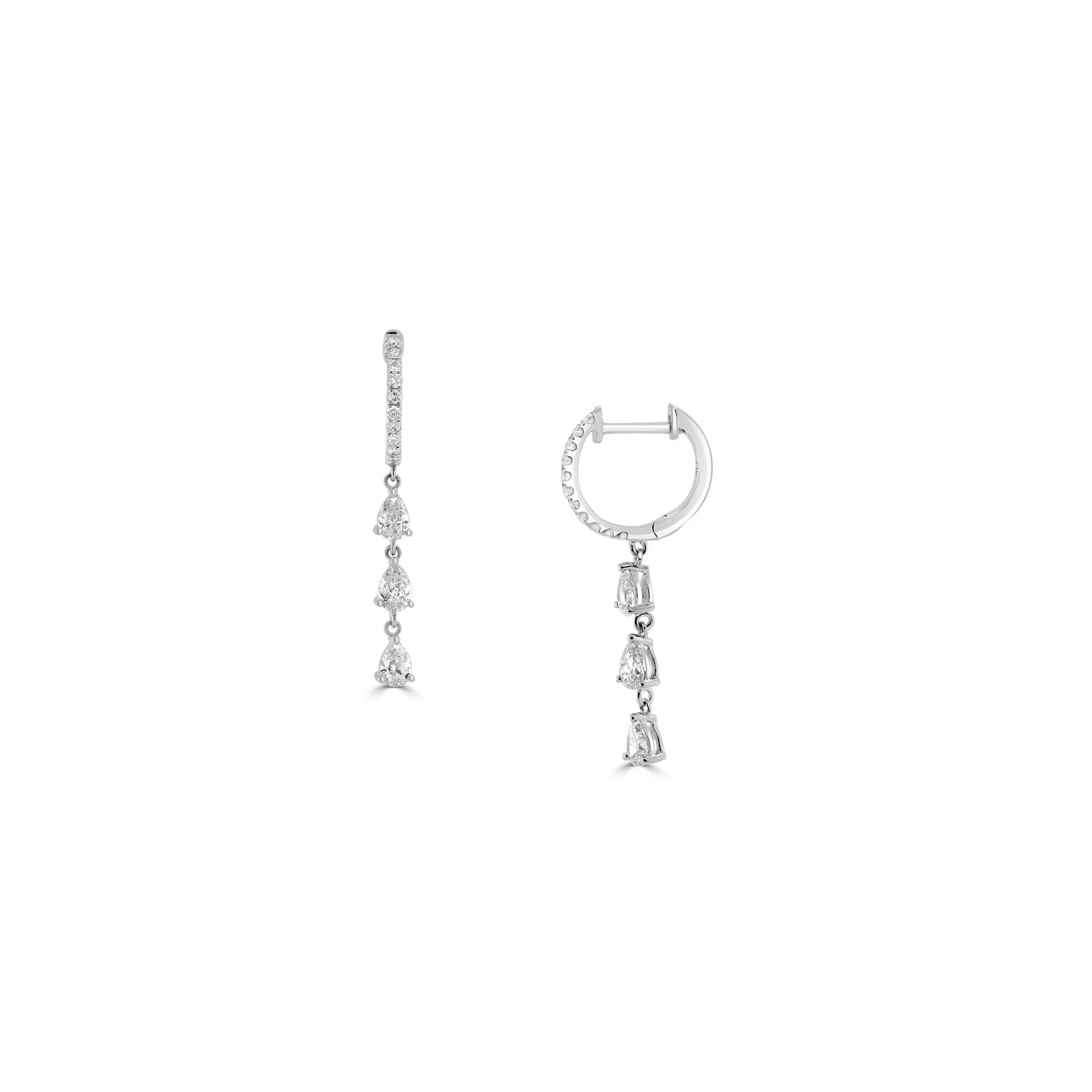 Triple Pear Diamond Drop Huggie Hoop Earrings - Image 2