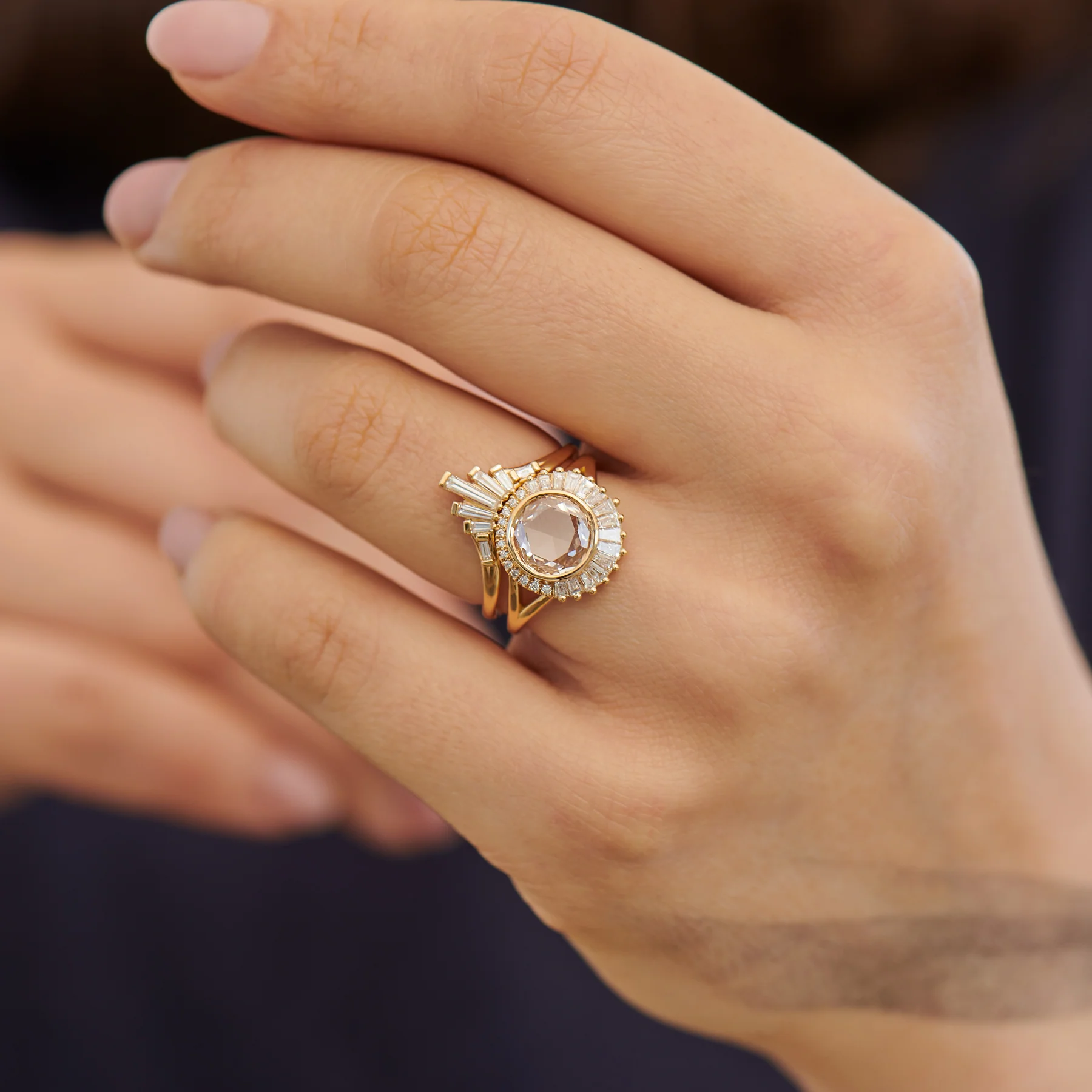 White Baguette Diamond Nesting Art Deco Wedding Ring - Image 4